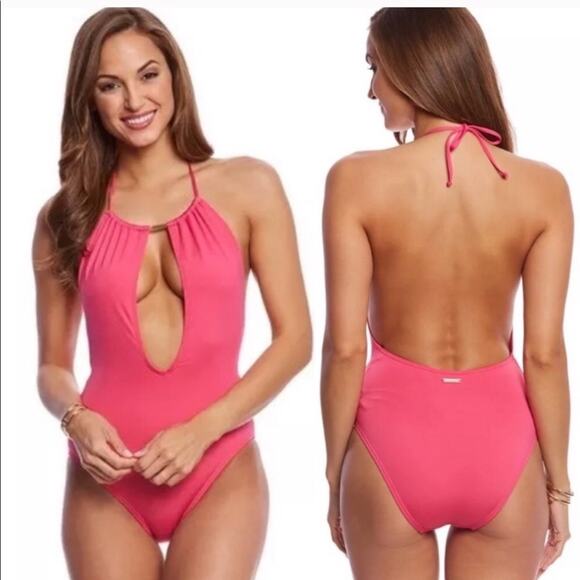 VINCE CAMUTO Women’s Swim Plunge Neck Halter One Piece Swimsuit - Picture 1 of 4
